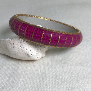 Magenta Glass and Gold Tone Bangle Bracelet